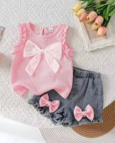 Girls 2-Piece 3D Bow Tank Top & Washed Denim Lace Shorts