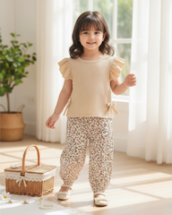 Baby Girls Skin Striped Ruffle Sleeve T-Shirt & Floral Pants Set
