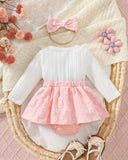 Ribbed Patchwork 3D Bowknot Pink Bodysuit Dress With Headband