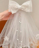 1pc Girls Fairy-Style White Pearl Puff Tulle Bow Ribbon Hair Clip