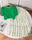 Tween Girl 2Pcs Outfit – Green Faux Pearl Top & Floral Ruffle Skirt Set