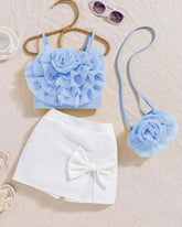 3pc set Baby Blue bow shirt, Shorts and Bag