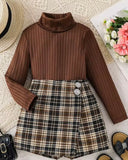 Girls Knit Brown Turtle Collar Top & Plaid Skirt Set