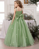 Girls Pearl Strap Star Mesh Bow Mint Green Princess Dress