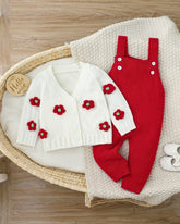 Newborn Baby Girl Red 3D Floral Pattern Knitted Cardigan And Romper