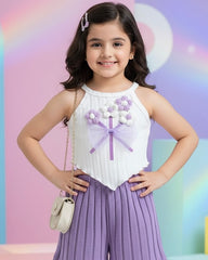 Lilac Crochet Flower Halter Top & Ribbed Shorts Set – 2PCS Summer Outfit