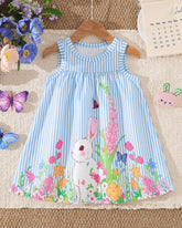 Baby Girl Blue Floral & Rabbit Print Suspender Dress