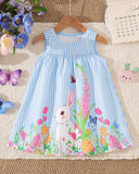 Baby Girl Blue Floral & Rabbit Print Suspender Dress