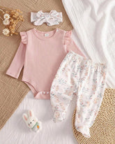 3pcs New Born Pink Girls Ribbed Romper, Pants and Headband