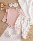 3pcs New Born Pink Girls Ribbed Romper, Pants and Headband