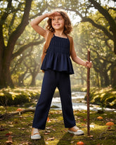 2pcs Blue Ruffle Trim Camisole & Wide Leg Pants