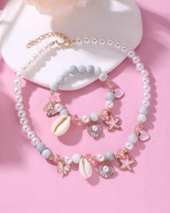 2PCS Starfish, Shell, Butterfly & Pearl Beaded Necklace and Bracelet Set