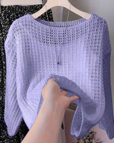 Casual Loose Solid Color Hollow Out Slouchy Semi-Sheer Thin Knit Top (6 Colours)