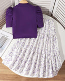 Tween Girl 2Pcs Outfit – Dark Purple Faux Pearl Top & Floral Ruffle Skirt Set