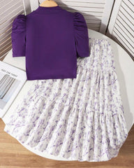 Tween Girl 2Pcs Outfit – Dark Purple Faux Pearl Top & Floral Ruffle Skirt Set