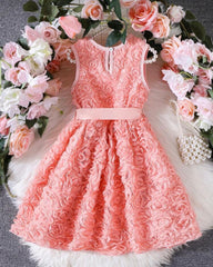 Pink 3D Rose Flower Waist-Cinching Princess Gown