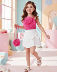 Pink Flower Top & White Bow Skirt