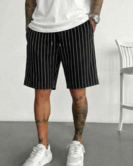 Black Striped Summer Loose Fit Shorts For Men