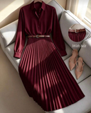 Solid Color Long Sleeve Shirt Paired With A-Line Skirt, Pleated Skirt Comes With Belt
