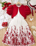 Girls 2-Piece Red Floral Print Pleated Dress & Cardigan Set
