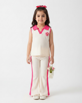2pcs Girls 3D Floral Knitted White and Pink Polo Vest And Flared Pants