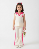 2pcs Girls 3D Floral Knitted White and Pink Polo Vest And Flared Pants