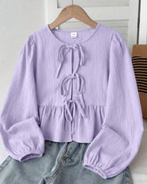 Tween Girls Purple Textured Bow Tie Long Sleeve Shirt