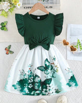 Girls’ Green Summer Ruffled Sleeve Bow-Tie Butterfly Print Dress