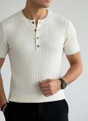 1pc Men's Premium Short Sleeve, Striped Slim Fit Knit Sweater Top, Summer