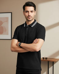 Men’s White Striped Collar Half Sleeve Black Textured Polo Shirt - Summer