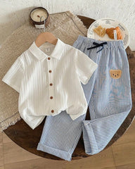 Young Boys 2-Piece Shirt & Sky Blue Bear Striped Pants Set