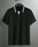 Men’s White Striped Collar Half Sleeve Black Textured Polo Shirt - Summer