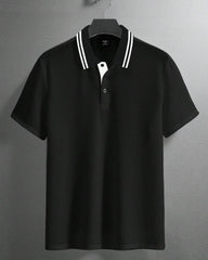 Men’s White Striped Collar Half Sleeve Black Textured Polo Shirt - Summer