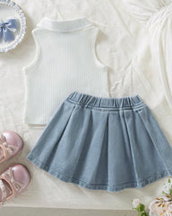 Girls 2pc White Polo Top with Bow & Denim Skirt