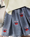 Girls Cherry Embroidered Top & Frilled Denim Skirt Set (3 Colours)