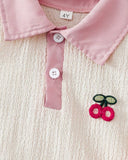 Cherry Patch Beige Polo Collar Top & Pink Skirt Set
