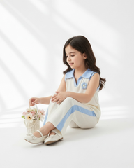 2pcs Girls 3D Floral Knitted White and Blue Polo Vest And Flared Pants