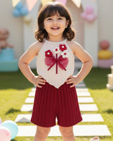 Burgundy Crochet Flower Halter Top & Ribbed Shorts Set – 2PCS Summer Outfit