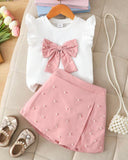 Girls 2-Piece 3D Pink Bow Beaded Outfit Set – Cap Sleeve Top & Beaded Slit Shorts