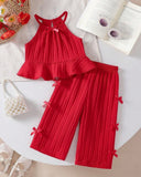 2pcs Baby Girls’ Red colour Spaghetti Strap Camisole Top With 3D Bow Decor Straight Leg Pants Set