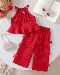 2pcs Baby Girls’ Red colour Spaghetti Strap Camisole Top With 3D Bow Decor Straight Leg Pants Set