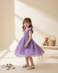 Floral Patchwork Summer Dress – Purple Colour Faux Shirred Cap Sleeve Dress