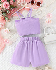Girls Purple 2pcs 3D Flower Patchwork Camisole Top + Shorts