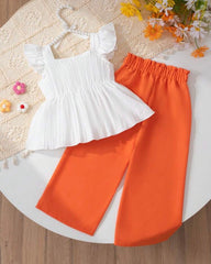 2pcs White & Orange Colour Striped 3D Floral Embroidery Top And Straight Leg Pants
