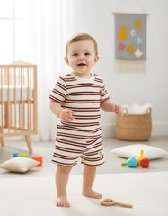 Baby Boy Boack Striped Waffle Knit Fabric T-Shirt & Shorts Set