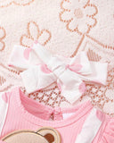 Baby Girls' Pink Ruffle Sleeve Patchwork Cartoon Bear Bow Embroidered Dress + Headband
