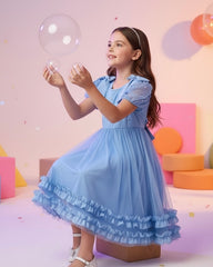 Tween Girl Blue Princess Chiffon Dress with Bow – Elegant Party & Flower Girl Dress