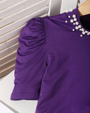 Tween Girl 2Pcs Outfit – Dark Purple Faux Pearl Top & Floral Ruffle Skirt Set