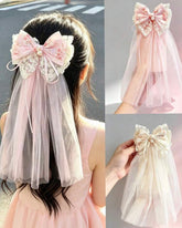 1pc Floral Lace Long Tulle Bow Hair Clip (Pink & Beige)