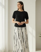 2pcs/Set Women's Casual Black Top + Tie-Dye Printed Skirt Set